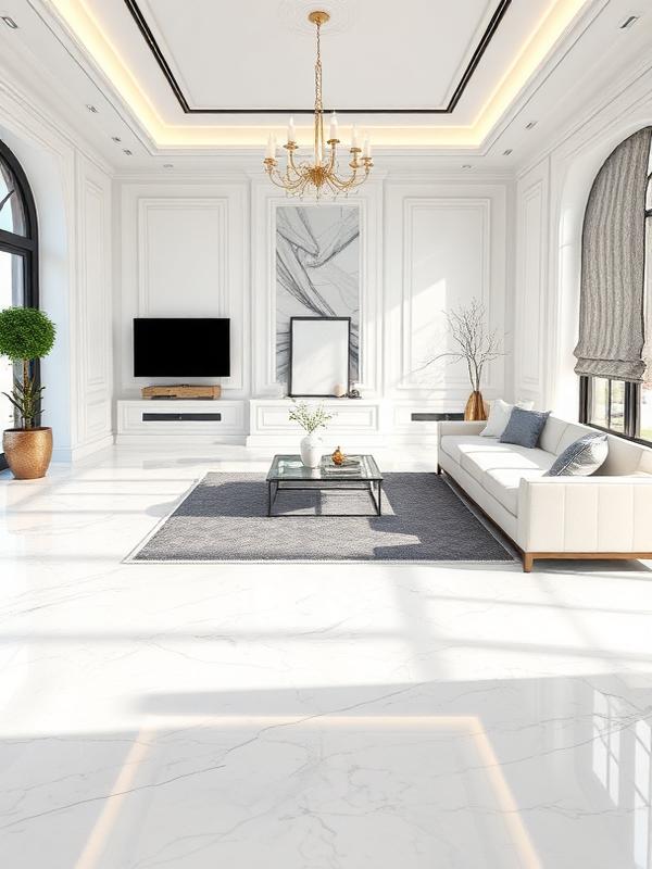 Living com porcelanato marmorizado branco